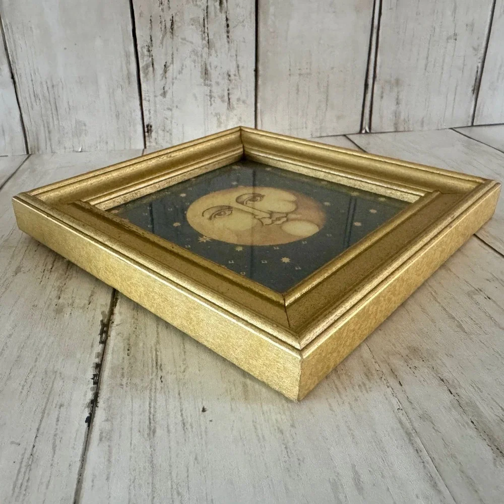 Vintage 90s Mary Beth Zeitz Celestial Man in the Moon Framed Gold Wall Art 7x7